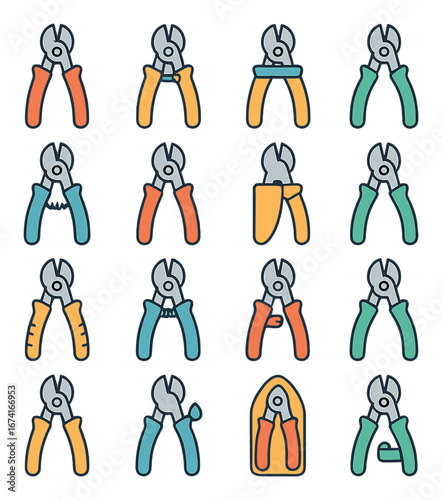 Colorful linear icon set featuring pliers, shears, snips, scissors, clamps, wrenches, and cutters