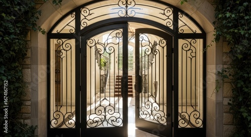 Elegant arched doors with ornate ironwork lead to stairs inside