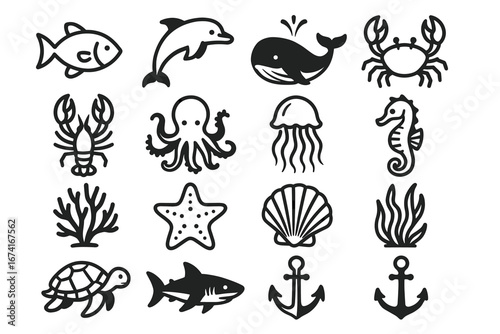 Marine animal icons: fish, whale, octopus, seahorse, shark, and more