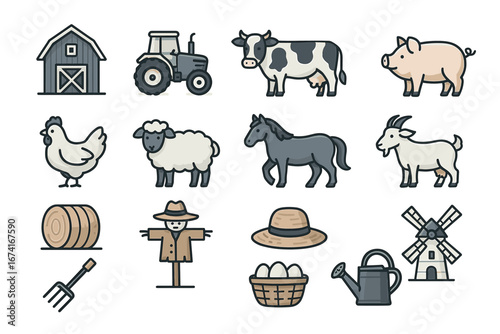 Farmyard icons: tractor, animals, barn, windmill, and farming tools
