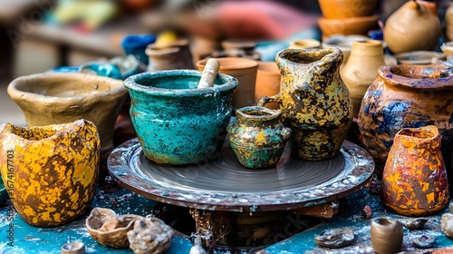 Vibrant Handcrafted Pottery Collection on Spinning Wheel