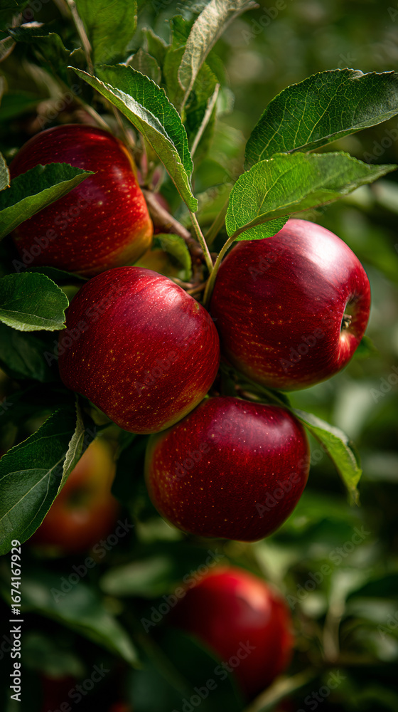 Obraz premium Fresh red apples hanging on a green tree branch in an orchard 