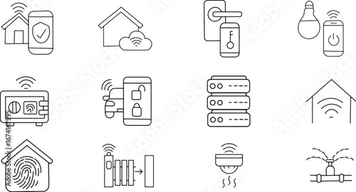 A collection of twelve minimalist, outline-style icons presented on a clean white background, arranged in a 3x4 grid.