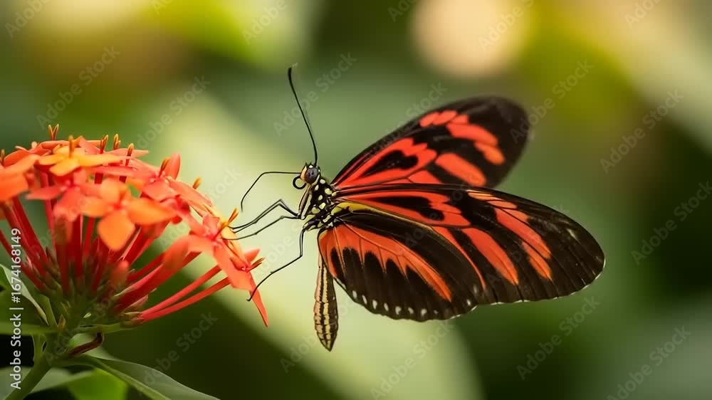 Vibrant butterfly perched on bright orange flower, showcasing nature's beauty in a lush garden Vibrant butterfly perched on bright orange flower, showcasing nature's beauty in a lush garden