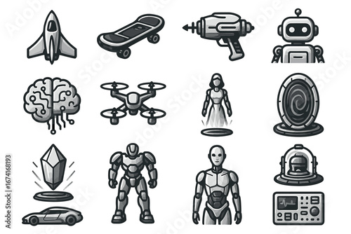 Futuristic icon set: robots, gadgets, and space exploration symbols
