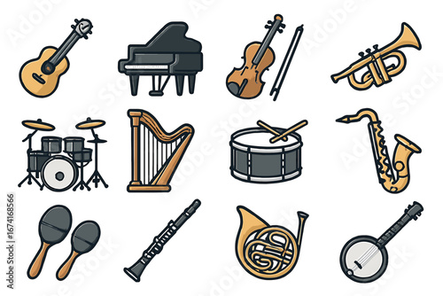 Colorful variety of musical instruments: guitar, piano, violin, trumpet, drums, harp, saxophone, clarinet