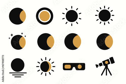 Solar and lunar eclipse icons with telescope and sunglasses