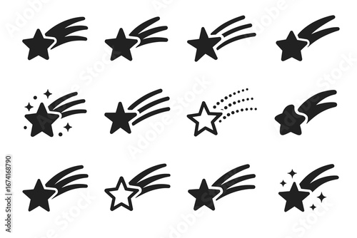 Collection of black and white shooting star icons with variations