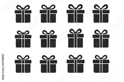 Pattern of twelve gift box icons with bows in black and white