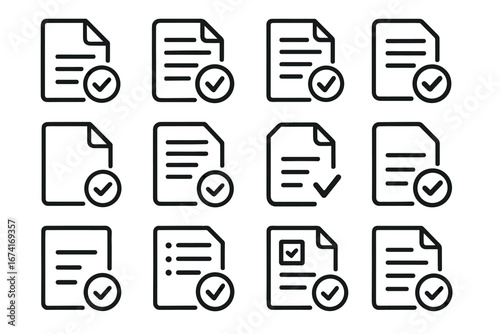 Collection of document icons with check marks in black and white