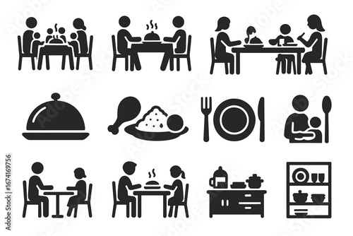 Dining icons featuring family meals and table settings in black silhouettes