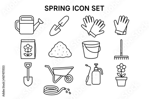 Spring gardening icon set: tools, plants, and equipment outline collection