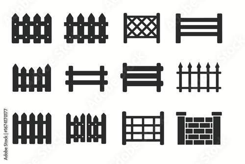 Various fence icon set in black and white illustrating different styles