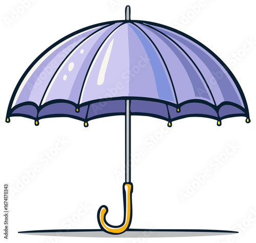 Cartoon style light purple umbrella with dark outline and yellow handle for weather protection from rain or sun isolated on white