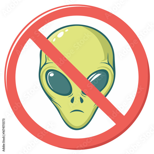 Alien Forbidden Symbol Illustrated Green Face With Large Eyes No Entry Sign
