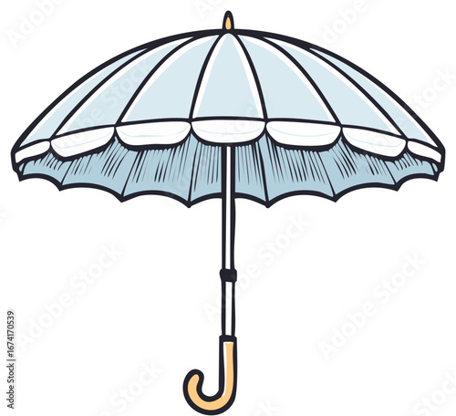 Open Blue Umbrella with J Shaped Handle Illustration on White Background