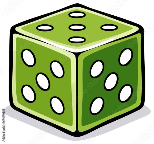 Cartoon Green Dice with White Dots Depicting Numbers for Games of Chance