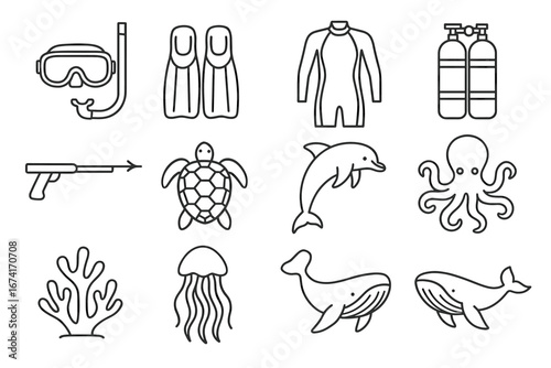 Outline icons of diving gear and marine life including snorkel, fins, and sea creatures