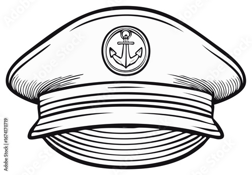 Nautical Captain's Hat with Anchor Emblem Illustration in Black and White