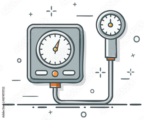 Medical blood pressure gauge with dial and tube connected to a monitor