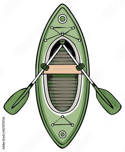 Overhead view of green kayak with paddles on white background illustration for outdoor adventure and recreation activities
