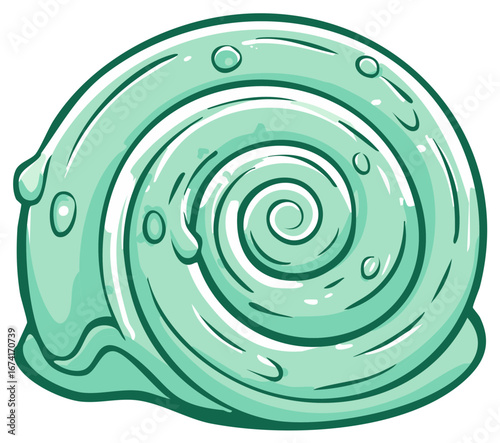 Cute shiny mint swirl shell with beads and glossy surface, cartoon snail house, cartoonish mollusk home, illustration.