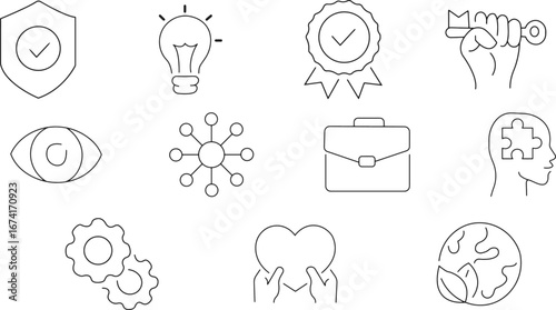 Generate a clean, minimalist icon set illustration, presented as a white background with thin, consistent, black line art depicting various conceptual symbols