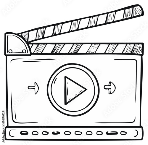 Hand Drawn Film Slate with Play Button for Video Editing and Media Production Outline Sketch