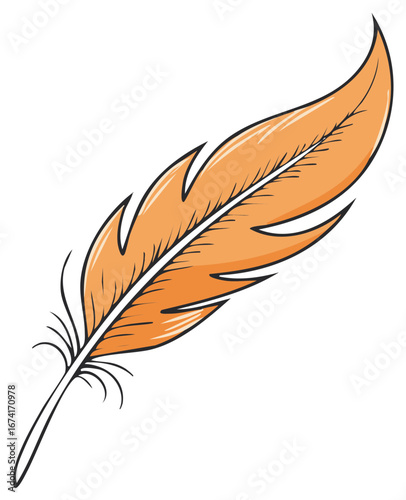 Bright orange feather with detailed quill isolated, stylized drawing of a single orange feather
