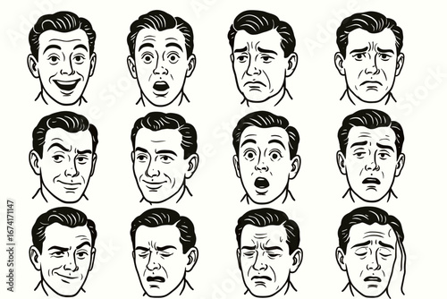 Male facial expressions set illustrating varied emotions in black and white