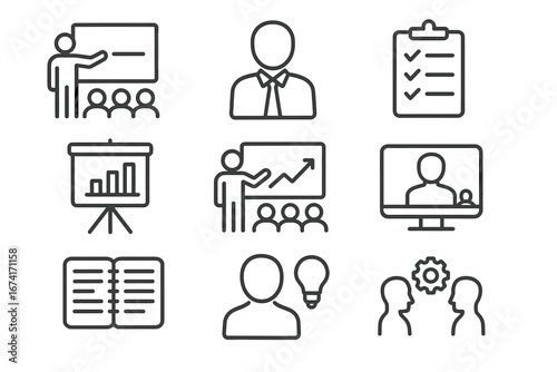 Business and education icon set featuring presentations and collaboration
