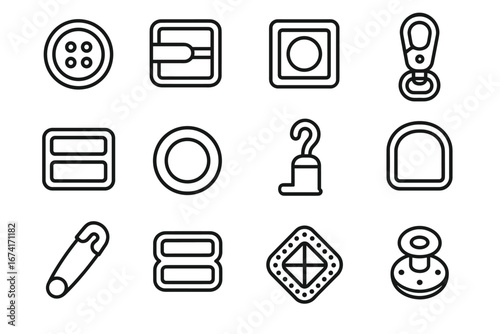 Collection of sewing and fastening tools icons: buttons, zippers, hooks, and safety pins
