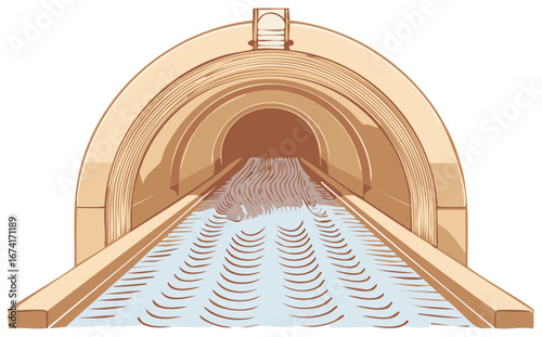 Ancient aqueduct with flowing water in the stone tunnel in the illustration