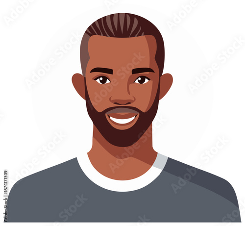 Portrait of a cheerful dark-skinned man with beard smiling on white background, close-up avatar face vector illustration