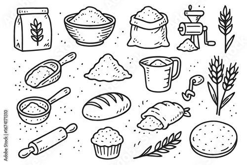 Hand-drawn baking ingredients and tools doodles in black and white