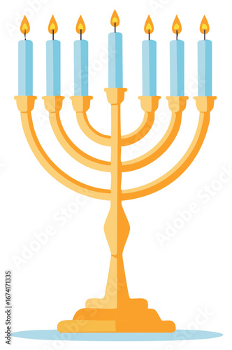 Golden menorah with seven lit blue candles vector illustration for religious celebration