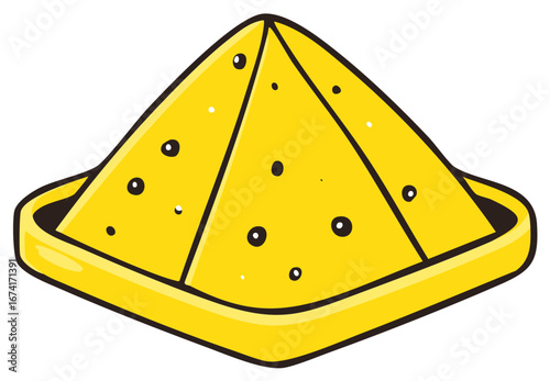 Illustration of golden nachos with black dots in a yellow tray.