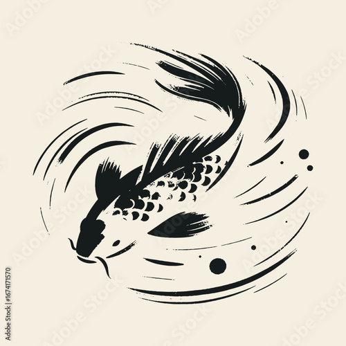 Koi fish brushstroke black ink sketch vector illustration