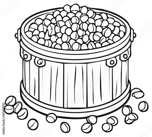 Wooden barrel overflowing with rounded objects, coloring book style drawing vector, outline image