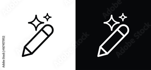 Collection of AI writing icons in minimalist line style, pencil compose symbol with sparkle stars, content generation and editing for web and app UI, toolbar and buttons. Vector illustration.