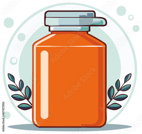 Bright Orange Bottle with Lid and Green Sprigs for Medical or Natural Product Design