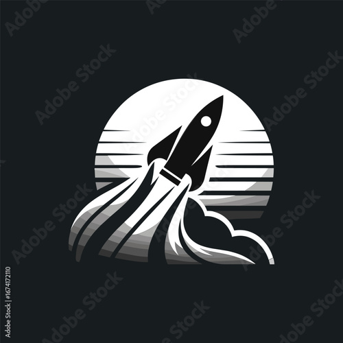 A sleek rocket launching into the night sky against a large moon backdrop, symbolizing innovation