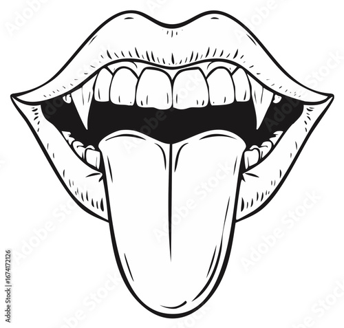 Vampire mouth with fangs and tongue sticking out black and white drawing