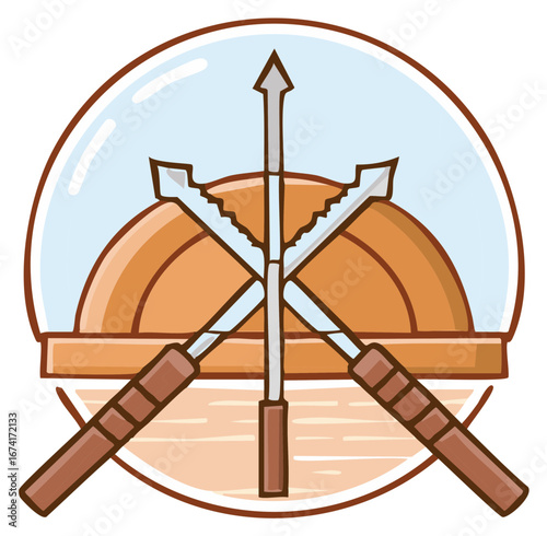 Stylized Crossed Fishing Gaff Hooks and Hunting Spear Emblem Vector Illustration for Outdoor Adventure