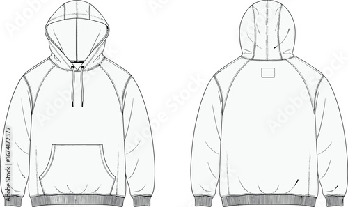 Detailed vector illustration of a raglan sleeve hoodie with front kangaroo pocket, drawstring hood, ribbed cuffs and hem, shown from front and back views.