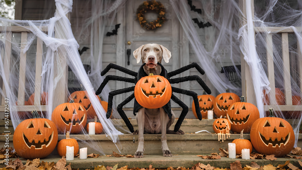 custom made wallpaper toronto digitalretriever dog in spider costume sits on wooden porch of house with jack o lantern pumpkin in mouth, porch decorated for halloween, spider web, candles, pumpkins,
