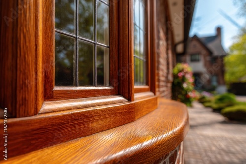 Brown wooden trim on a bay window with small panes of glass. Wood frame around the windowsill. Red bricks outside the house walls, an exterior view of the home. Eco-friendly solid oak window frames