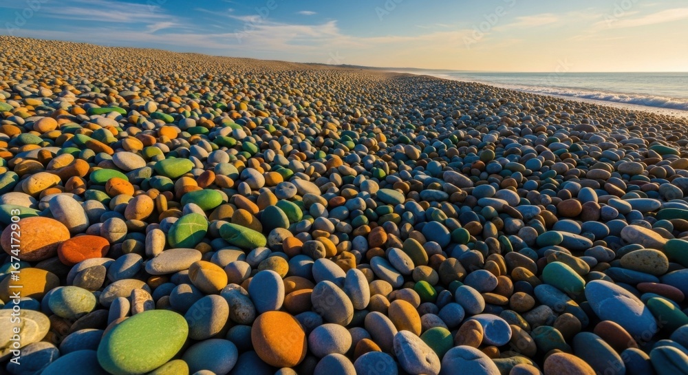 Obraz premium Colorful Pebble Beach Landscape Under Blue Sky and Sunset Light