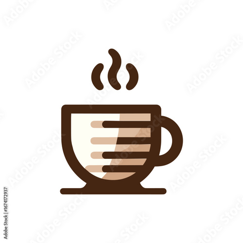 A steaming cup of coffee placed on a wooden table with a cozy café ambiance in the background