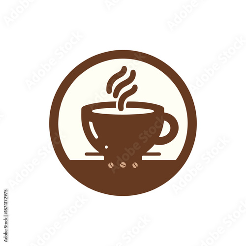 A steaming cup of coffee placed on a wooden table with coffee beans scattered in the background